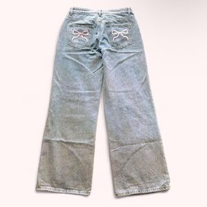 Edikted Light Blue Straight Leg Jeans with Embroidered Pink Bow Detail